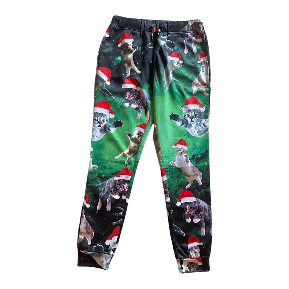 Unbranded Christmas Cat Joggers Mens Medium Green Santa Hat Kitten Sweatpants